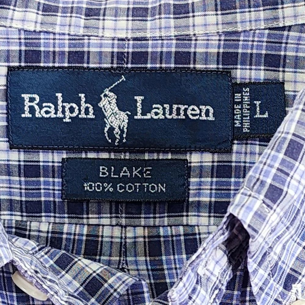 Ralph Lauren Blake Button Down Shirt Mens L Blue White Plaid Short Sleeve Preppy